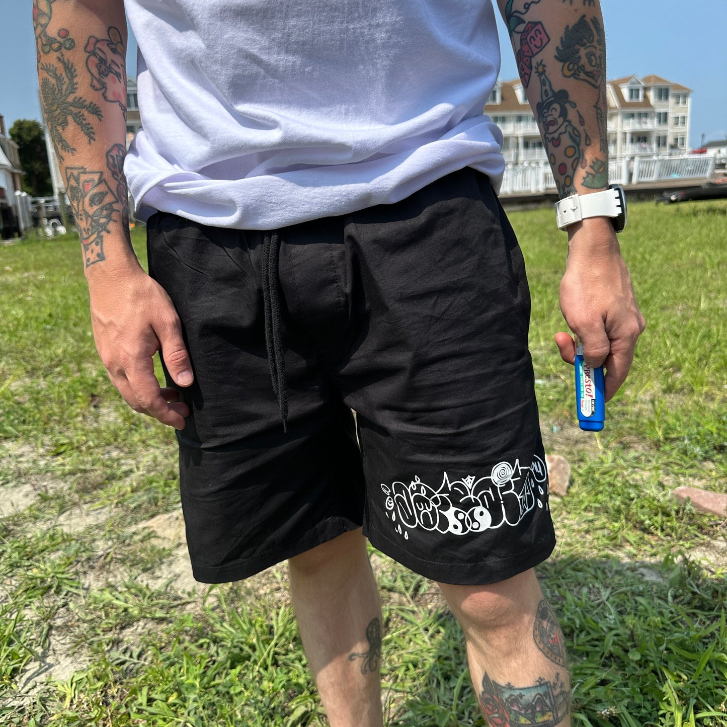 UP TO NO GOOD BEACH SHORTS - BLACK